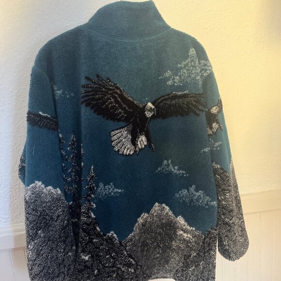Eagles and Snowy Mountains High Pile Fleece Vintage 90s Zip Front Jacket (Small) - Picture 7 of 8